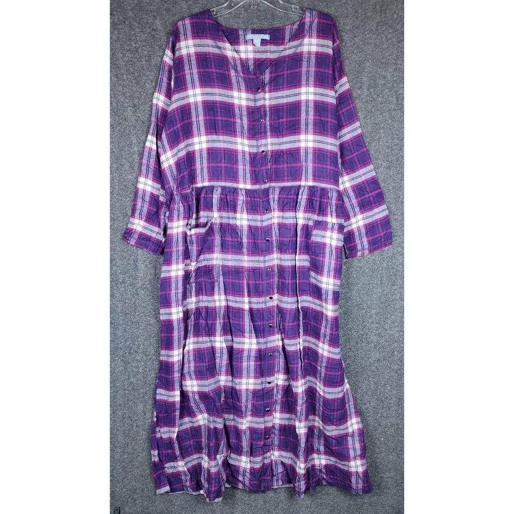 Only Necessities Maxi Dress Womens 1X Purple Plaid Button-Down Cotton EUC